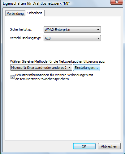 Eigenschaften für Drahtlosnetzwerk MI