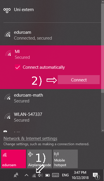 connect to the MI network via the wifi menu on the taskbar